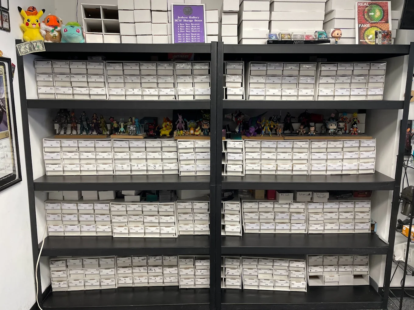 Boxes of trading-card singles, sorted and ready to browse